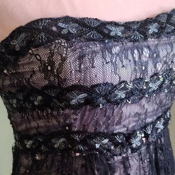 VTG Y2K Black Floral Lace Sequins Strapless Whimsigoth Mini Dress Small - Picture 4 of 15